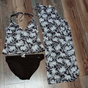Michael Kors 3pc Brown and White Leaf Print Swimsuit Set